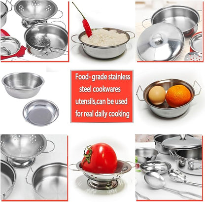 Tiny Size Cooking Pretend Play Kitchen Cooking Toys with Stainless Steel Cookware Play Pots and Pans Set，Cooking Utensils Cookware Kitchen Play Accessories Toys Cooking Pots for Toddlers Kids(Mini)