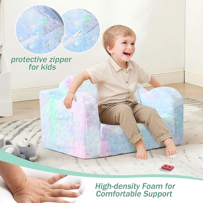 Folding Toddler Chair, Soft Plush Fold Out Kids Couch Sofa Glow in The Dark, Comfy Baby Recliner for Girls Boys (Colorful Star)