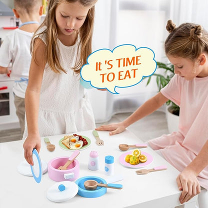 WHOHOLL Wooden Toy Kitchen & Play Dishes Set, Montessori Kitchen Toys for Girls and Boys, Pretend Play Kitchen Accessories Toddler Cooking Toys for Kids Ages 1-5 - Christmas Birthday Gift Sets