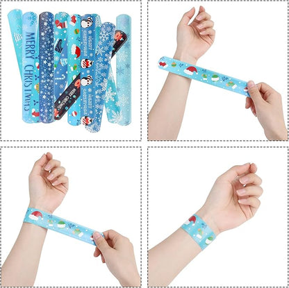 CCINEE 48Pcs Christmas Slap Bracelets，Xmas Snowflake Slap Wristbands Assorted Christmas Theme Pattern Snap Wristbands for Kids Christmas Frozen Party Favors Gift Bag Filler