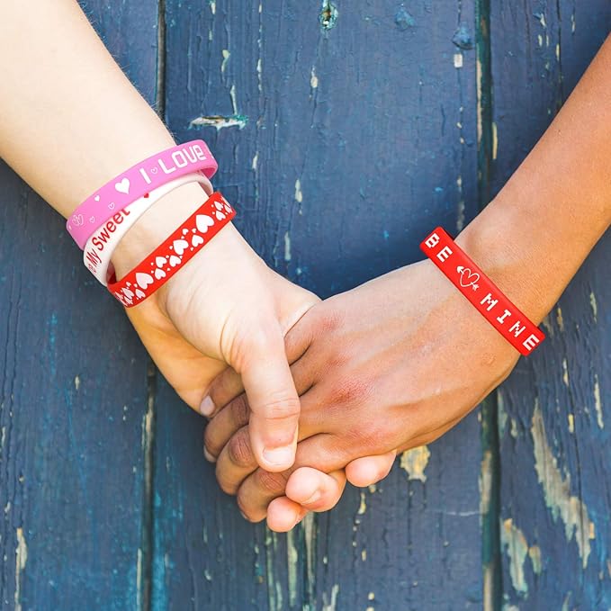 FEPITO 35 Pieces Valentine’s Day Rubber Wristband Silicone Wristbands Rubber Band Bracelets for Party Favors School Gifts Supplies