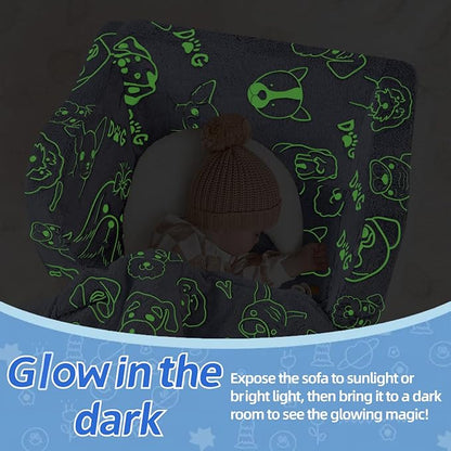 MeMoreCool Toddler Fold-Out Chair for Girls and Boys, Glow-in-The-Dark Soft Plush Kids Recliner, Convertible Folding Baby Couch for Playroom (Glowing Dogs)