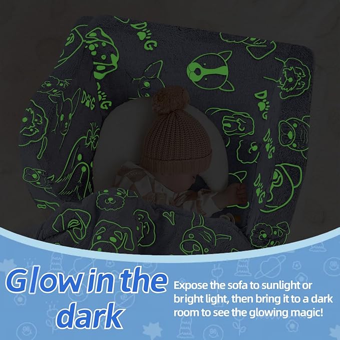 MeMoreCool Toddler Fold-Out Chair for Girls and Boys, Glow-in-The-Dark Soft Plush Kids Recliner, Convertible Folding Baby Couch for Playroom (Glowing Dogs)