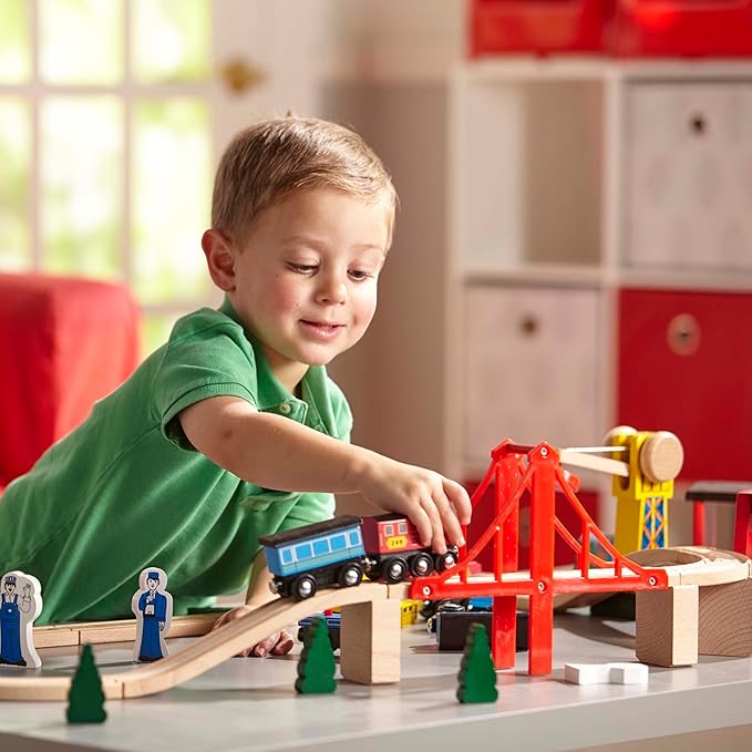 Melissa & Doug Wooden Railway Set, 130 Pieces - Wooden Train Set for Toddlers Ages 3+