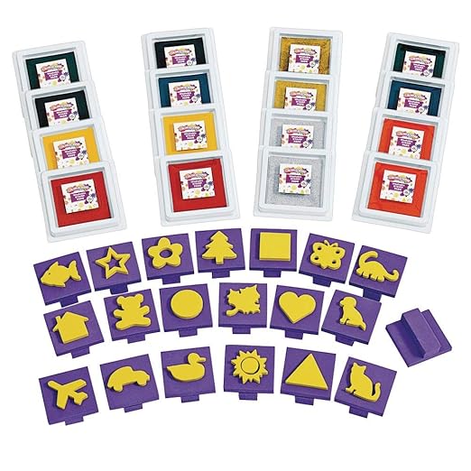 Colorations® Super Stamper Classroom Pack - Kids Crafts, Easy Craft Projects, Easy Art Projects, 16 Washable Ink Pads, 20 Unique, Handled Stampers, Foam Stampers, Shapes, Objects, Animal Stamps