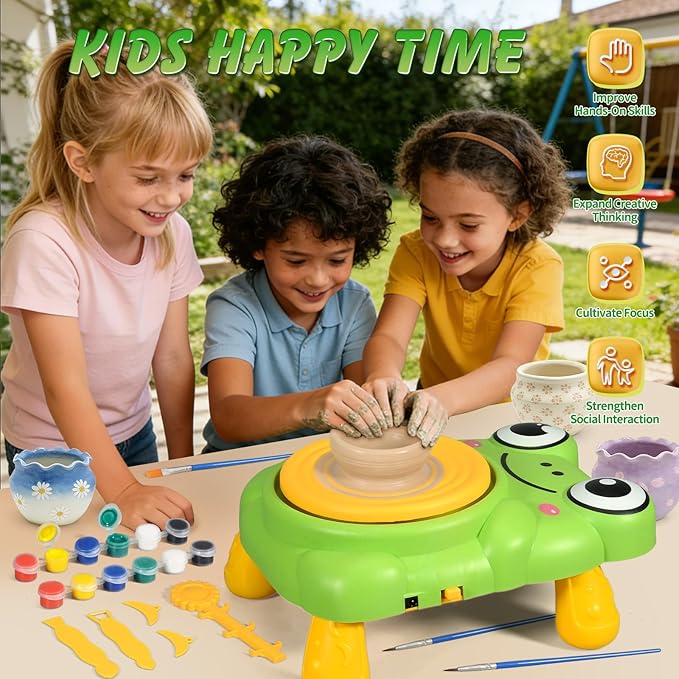 Pottery Wheel for Kids Complete Pottery Painting Kit Arts and Crafts for Kids Ages 3-12 with 4 Pack Pottery Clay,Sculpting Tools, DIY Kits Clay Maker for Beginners Art Supplies Toys for Girls Boy