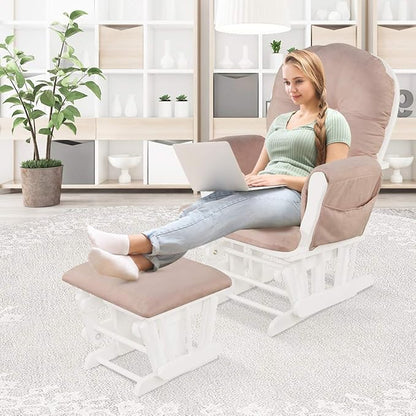 Costzon Nursery Glider with Ottoman, Upholstered Comfort Glider Rocker with Padded Cushion, Storage Pocket, Solid Wood Base, Rocking Chair Nursery for Breastfeeding, Maternity, Napping (Pink)