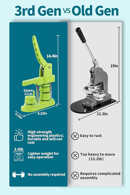Button Maker Machine, (3rd Gen) Installation-Free 32mm(1.25 in) DIY Pin Button Maker Press Machine Kit, Badge Punch Press Machine with Free 500pcs Button Parts&Pictures&Circle Cutter