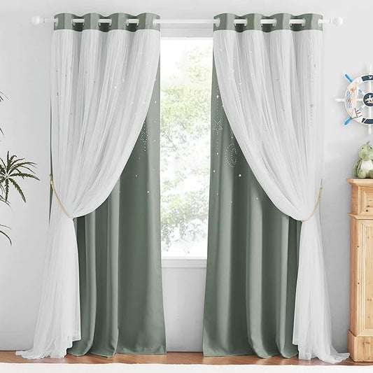 NICETOWN Nrsery Curtains for Girls Bedroom Nursery Room Darkening Curtains Star Moon Cutout Princess Room Decor for Daughter Bedroom Window, 52" Wide x 84" Long, 2 Panels, Sage Green