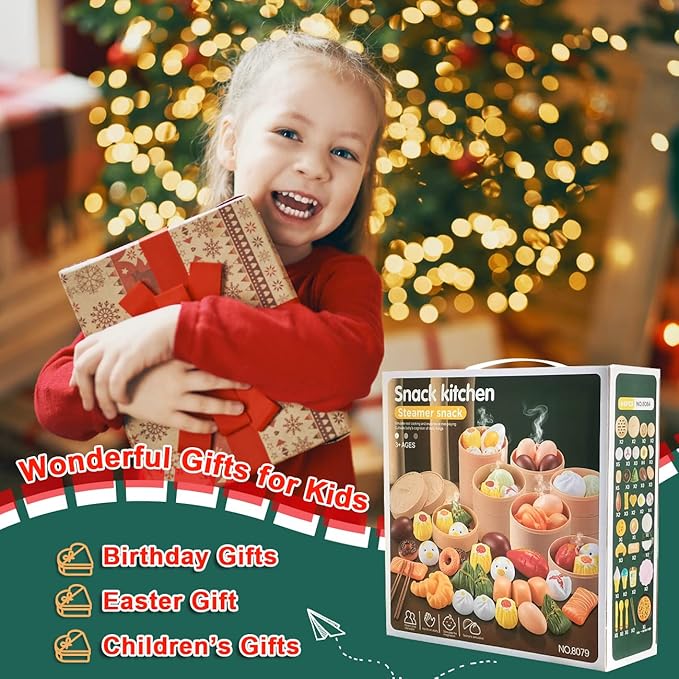 Pretend Play Toy Food Kitchen Set, Asia Dim Sum Set for Kids, Tea Time Toys Sweet Treats Suitable for Café , Birthday for Boys Girls