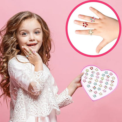 Little Girl Jewel Rings, Adjustable Pink Rings Girls Kids Pretend Play and Dress up Jewelry Set, Cute Rings with Display Case Party Favors Toys Gifts