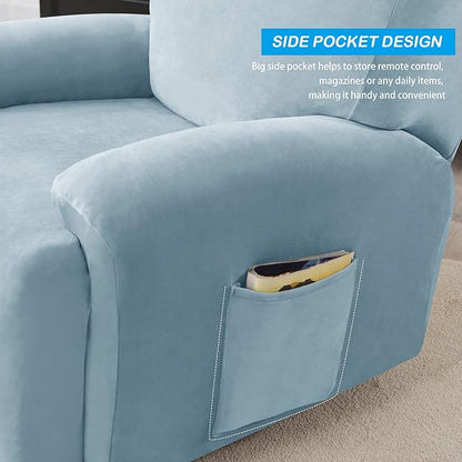 OBCREAT High Stretch Recliner Chair Cover Soft Velvet Recliner Slipcovers 4 Pieces Lazy Boy Recliner Couch Covers Plush Furniture Protector for Kids Pets (Light Blue)