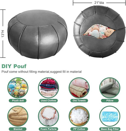 Louis Donné Unstuffed Pouf Ottoman,Faux Leather Ottoman Pouf Cover, Supersoft Handmade Moroccan Decor, Storage Solution, Foot Rest, Footstool, Pouffe for Balcony Office Indoor 21dia Grey