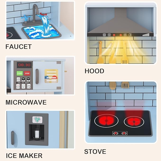 Play Kitchen for Kids, Wooden Kitchen Playset with Fruit Set, Light, Stove, Sink and Accessories, Interactive Toy Kitchen Gift for Boys Girls, Blue