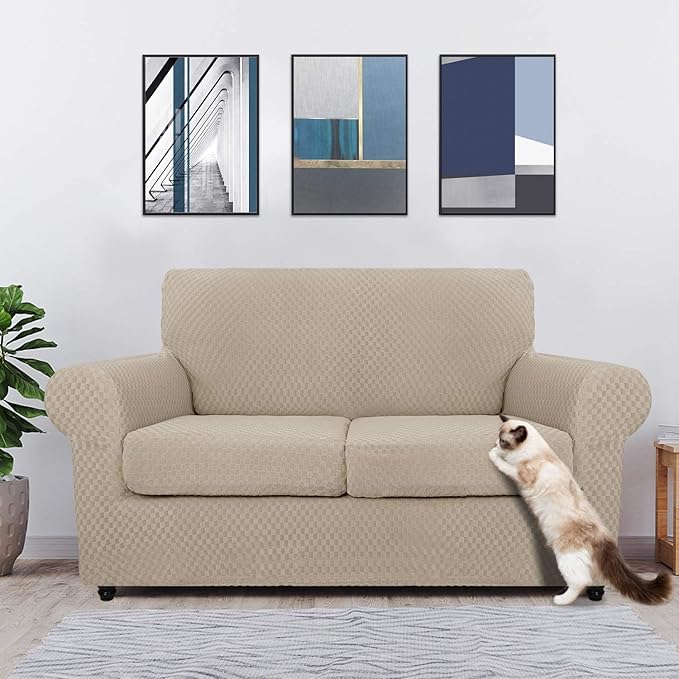 MAXIJIN 3 Piece Jacquard Couch Covers for 2 Cushion Couch Stretch Non Slip Love Seat Couch Cover for Dogs Pet Friendly Elastic Furniture Protector Loveseat Slipcovers (Loveseat, Khaki)