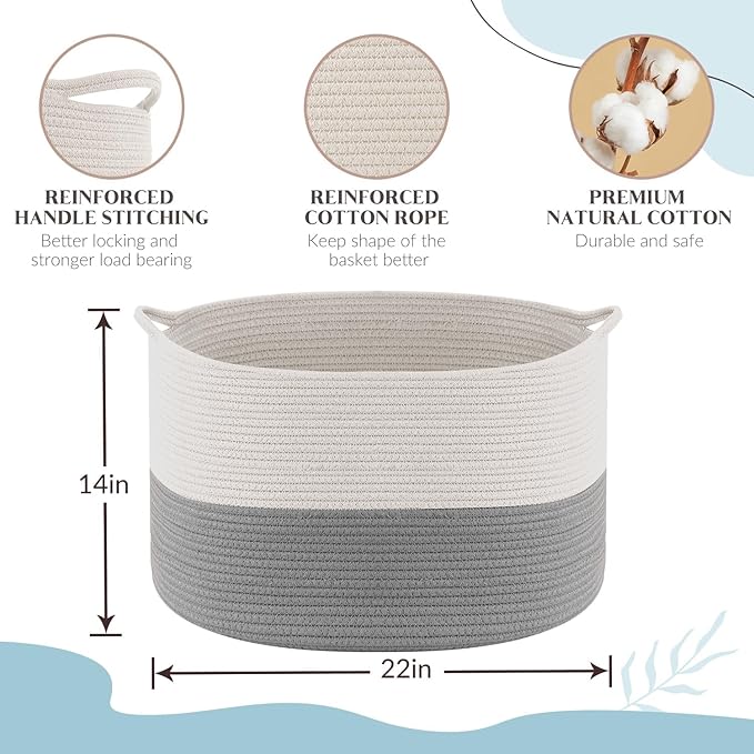 Maliton XXXLarge Blanket Basket Living Room - 22" x 22" x 14" Cotton Rope Baskets for Storage - Large Woven Basket for Toys, Towels, Pillows, Clothes- Rope Laundry Hamper with Handles - Nursery Bin