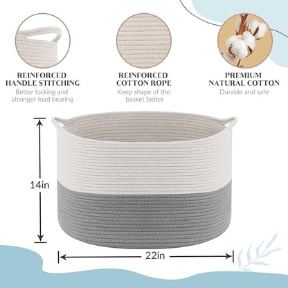 Maliton XXXLarge Blanket Basket Living Room - 22" x 22" x 14" Cotton Rope Baskets for Storage - Large Woven Basket for Toys, Towels, Pillows, Clothes- Rope Laundry Hamper with Handles - Nursery Bin