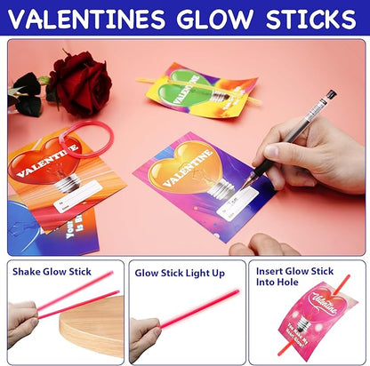 Valentines Day Gifts For Kids, 32 Packs Valentines Glow Sticks Bracelet Valentines Gifts Glow Necklaces for Valentines Day Gifts for Kids School Classroom Exchange Party Favors Supplies