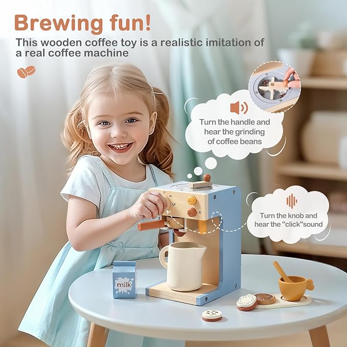 EERKEOD Toy Coffee Maker for Kids Wooden Kids Coffee Maker Playset for Toddlers Play Kitchen Accessories Gift for Girls and Boys