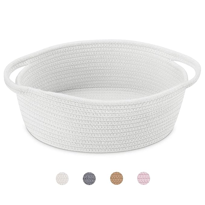 ABenkle Small Basket with Handles, Boho Decorative Rope Woven Dog Cat Toy Storage Bin Shelf Storage Organizer, Easter Christmas Gift Basket, 12"x8"x5", White