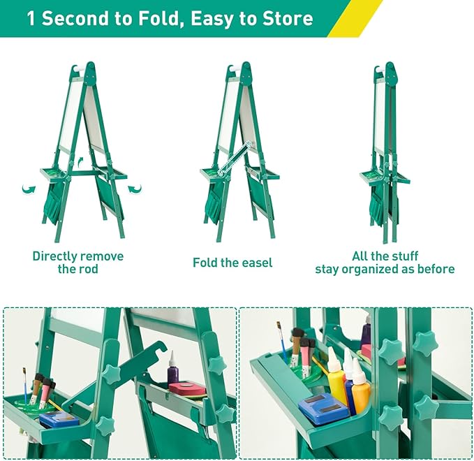 FUNLIO Foldable Anti-Warping Kids Art Easel, 3 Height Adjustable Toddler Easel, All-in-One for Kids Aged 3-8 with Paper Roll, Standing Easel with Magnetic Chalkboard/Whiteboard - Viridian Foldable