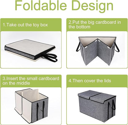 YOLOXO Large Kids Toy Box Chest Storage organizer with Double Flip-Top Lid - Collapsible Sturdy Toy Organizers And Storage Bins With Big Handles For Nursery, Playroom, 26.8"x13.8"x16"(Grey)