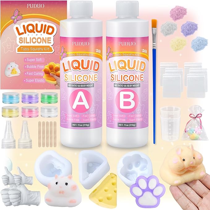 Puduo Taba Squishy Kit 22OZ - Upgraded Version 2.0 Non-Sticky, More Vibrant in Color, and Odor-Free Taba Squishy - with Guided，FuFu Squishy Kit with Mold, Flocking Powder - Fun and Easy