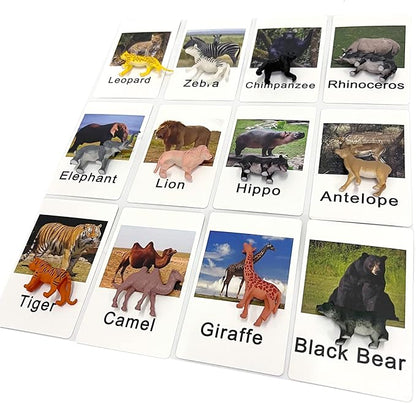 MEROCO Montessori Zoo Safari Animal Match - Miniature Figurines with 2 Part Matching Cards Montessori Language Materials Preschool Learning Toy NEWTT004