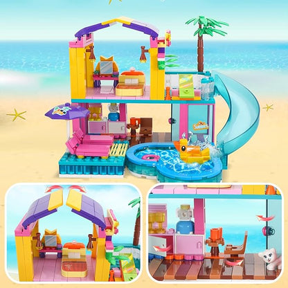 Dream Girls Friends Beach House Building Set 380 PCS Seaside Beach Villa Swimming Pool House with Slide Building Toys Summer Vacation Party Room Dream House Building Kits Gifts for Kids Girls 6-8-12