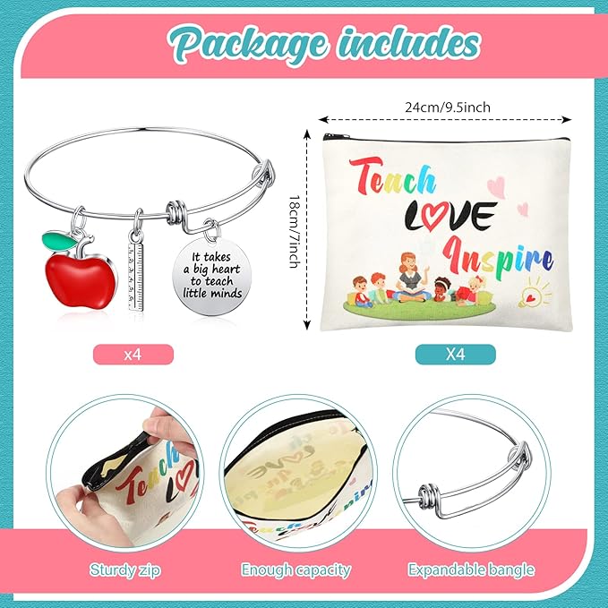 8 Pcs Teacher Appreciation Gift Set for Women, 4 Teacher Makeup Pouch Cosmetic Bags and 4 Bangle Bracelets, Christmas Valentines Thank You Gifts for Teacher (Teach Love Inspire)