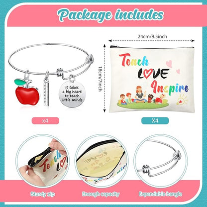 8 Pcs Teacher Appreciation Gift Set for Women, 4 Teacher Makeup Pouch Cosmetic Bags and 4 Bangle Bracelets, Christmas Valentines Thank You Gifts for Teacher (Teach Love Inspire)