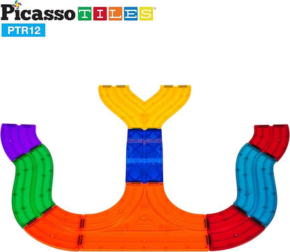 PicassoTiles 12 Piece Race Track Add-On Magnetic Building Block Set Magnet Tiles Construction Toy STEM Learning Kit Early Education Kids Toys Playset Pretend Play Blocks Child Brain Development PTR12