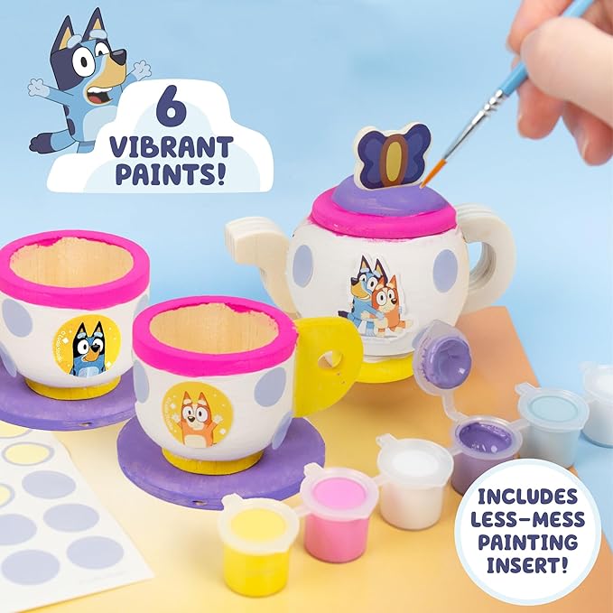 Bluey Paint & Play Tea Party, 6-Piece Wooden Tea Set, Customize with Paint & Bluey Stickers, 2 Wearable Crowns, Fun Toys for Kids, Cute Birthday Party Decorations, Pretend Play Tea Party, Bluey Toys