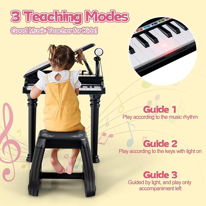 HONEY JOY Classical Kids Piano, 31-Key Toy Mini Grand Piano with Music Stand & Stool, Portable Electronic Educational Musical Instrument Toy w/ Microphone, Lights, Gift for Kids (Black, 31 Keys)