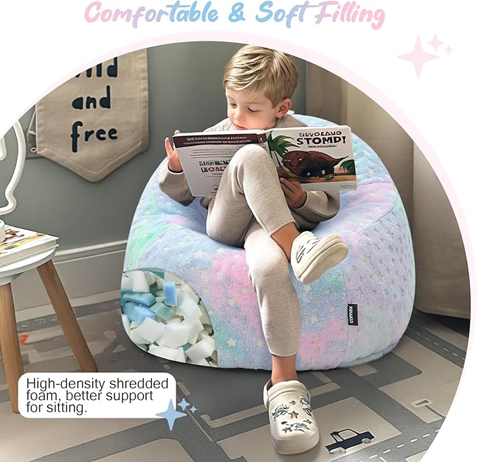 COMAX Bean Bag Chairs for Kids 8-12, Toddler BeanBag Sofa with Filler Bean Couch Stuffed for Boys and Girls, Lazy Floor Chair for Playroom, Nursery Room, Glowing Colorful Star