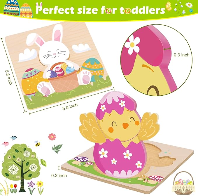 Easter Toys Gifts for Kids Toddlers - 4 Pack Wooden Puzzles with Rabbits, Carrots, Chicks, Eggs Design, Easter Party Favors for Boys Girls, Kids Classroom Exchange Gifts - Educational Preschool Toys