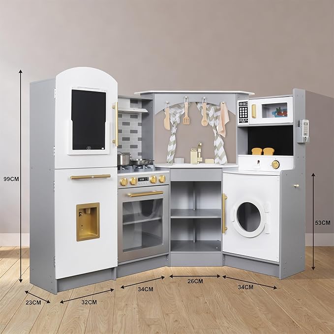 Large Wooden Corner Play Kitchen Sets with Ice Maker,Water Dispenser,Bread Maker,Washing Machine,Electronic Display,Toy Sink with Running Water,Stove with Light&Sounds, Birthday Gift for 3+Boys Girl