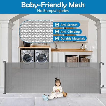 90 Inch Extra Long Baby Gate Retractable Dog Gate Outdoor Gates for Decks Indoor Child Gates for Wide Openings Extra Wide Retractable Baby Gate Retractable Gate Long Dog Gate for Doorway, Porch, Gray