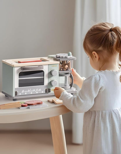 ROBUD Toddler Kitchen Playset - Wooden Breakfast Set with Coffee Maker, Toaster, Griddle, Play Food - Realistic Pretend Play Appliance and Accessories for Kids Ages 3+ Boys and Girls (Mint Green)