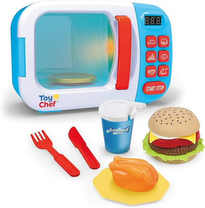 Kids Microwave Oven Toy, Pretend Play Kitchen, Electronic Bright Colored Microwave with Lights and Toy Food