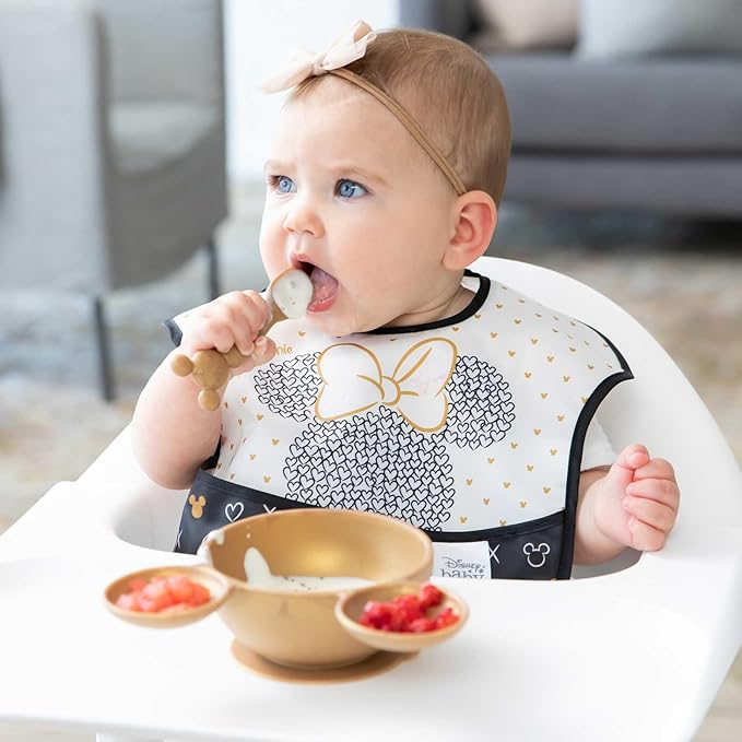 Bumkins Disney Baby Bowl, Silicone Feeding Set with Suction for Baby and Toddler, Includes Spoon, First Feeding Set, Essentials for Baby Led Weaning for Babies Eating 4 Months Up, Minnie Mouse Gold
