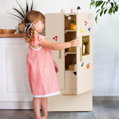 Play Refrigerator for Kids, Wooden Play Fridge with Ice Maker, Pretend Playset Toy Kitchen Sets for Toddlers
