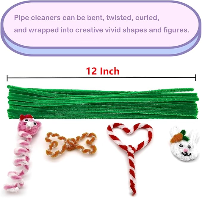 Cldamecy 100 pcs Green Color Craft Pipe Cleaners with 20 pcs Wiggle Eyes,Chenille Stems for Arts & Crafts,DIY Projects and Holiday Decoration