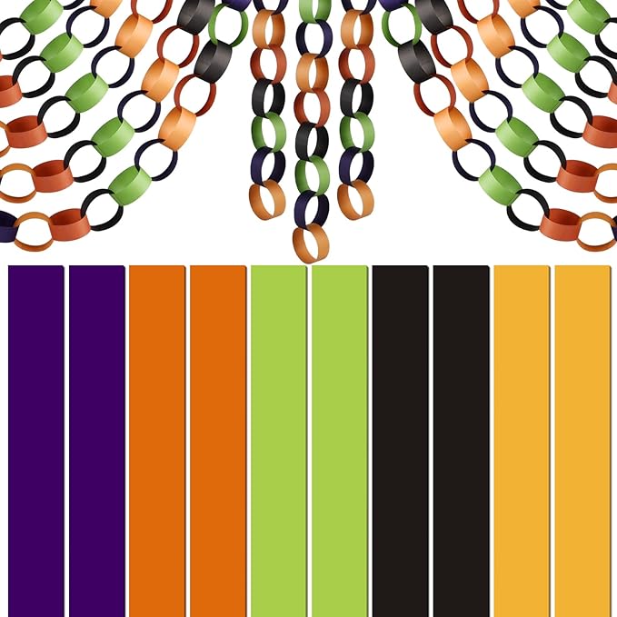 CHRORINE 600Pcs Colorful Paper Chains Strips for Birthday Party Decorations DIY Crafts Supplies (Black Orange Purple Green Yellow, 1 x 7.08 inches)