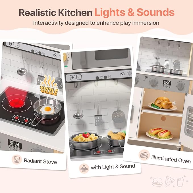 BIERUM Play Kitchen, Wooden Kids Kitchen Playset for Toddlers with Real Lights & Sounds, Height Adjustable Toys Kitchen with 30 Pcs Toy Food & Cookware Accessories