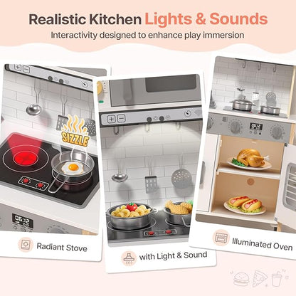 BIERUM Play Kitchen, Wooden Kids Kitchen Playset for Toddlers with Real Lights & Sounds, Height Adjustable Toys Kitchen with 30 Pcs Toy Food & Cookware Accessories