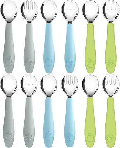 CHILLOUT LIFE Toddler Utensils, Kids Silverware with Silicone Handle, Stainless Steel Metal Toddler Forks and Spoons Safe Baby Cutlery Set for Self Feeding BPA Free Dishwasher Safe - 12 Piece