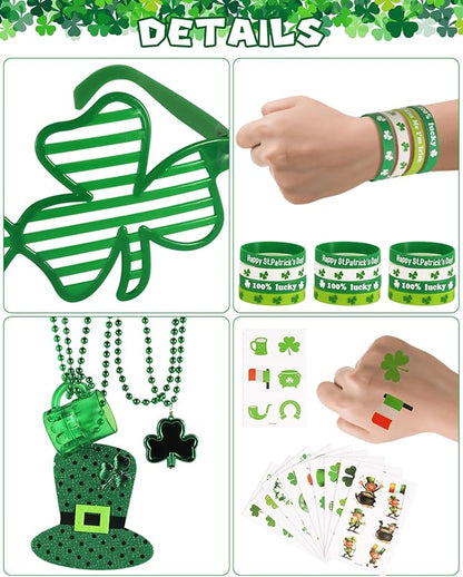 117Pcs St. Patrick's Day Party Favors Supplies Include Necklace, Shamrock Shutter Shades Glasses, Tattoos, Mustache, Bracelets, Kiss Me I'm Irish Sash for Kids St Patrick's Day Party Accessories Decor