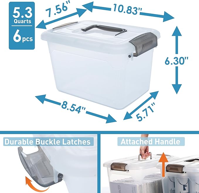 Citylife 6 Packs 6 QT Storage Bins with Lids Clear Plastic Bins with Grey Handle Stackable Storage Containers for Organizing