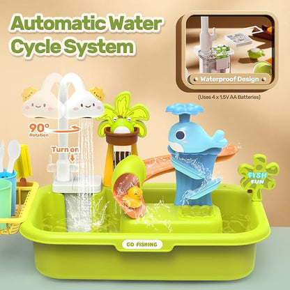 HOLYFUN Play Sink with Running Water, Kitchen Sink Toys with Upgraded Electric Faucet, Water Slide Track, Baby Dishwasher, Kids Fishing Toys, Role Play Sink Toy for Toddler Boys and Girls